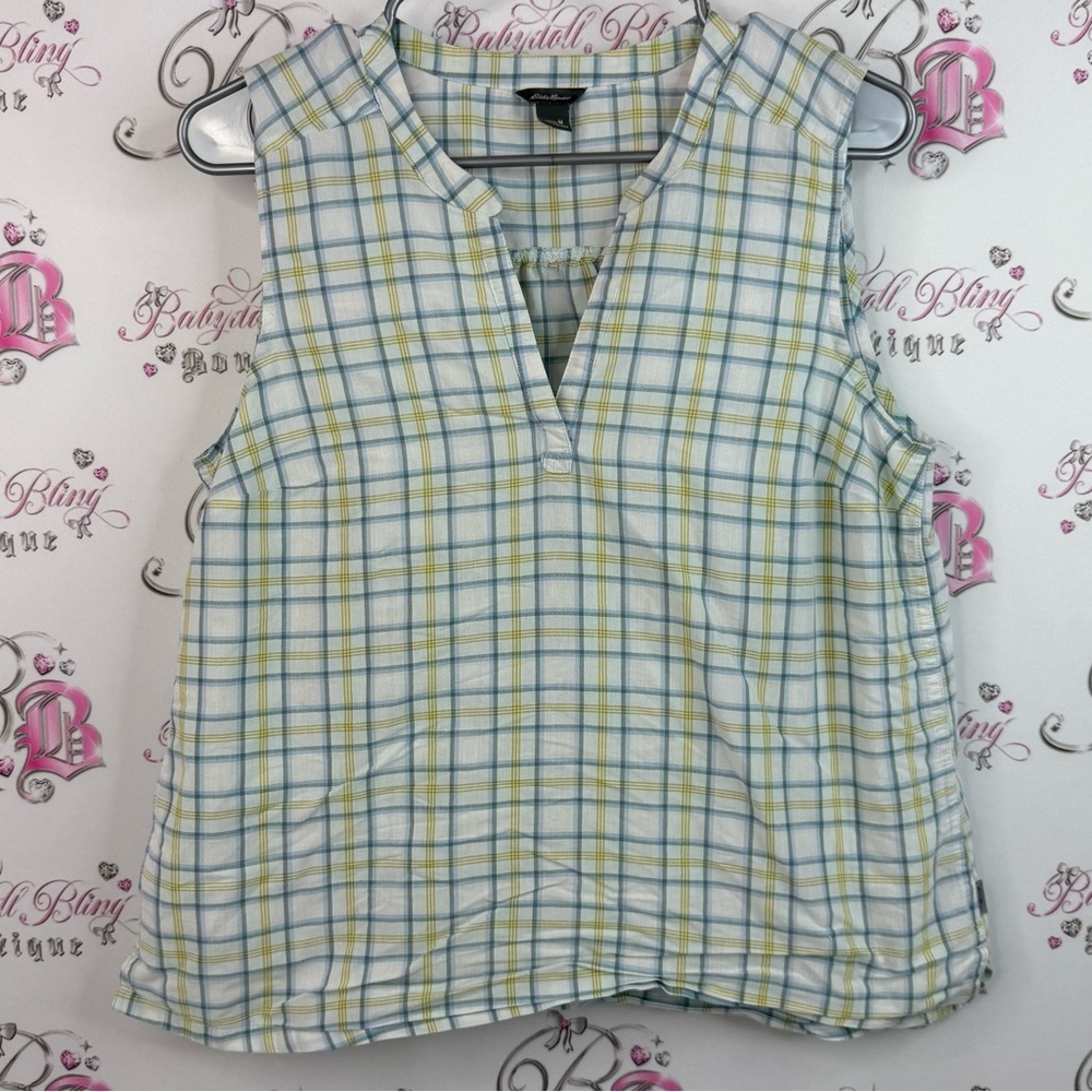 Eddie Bauer tank top gingham Plaid Sleeveless Blouse - Blue, White, and Yellow